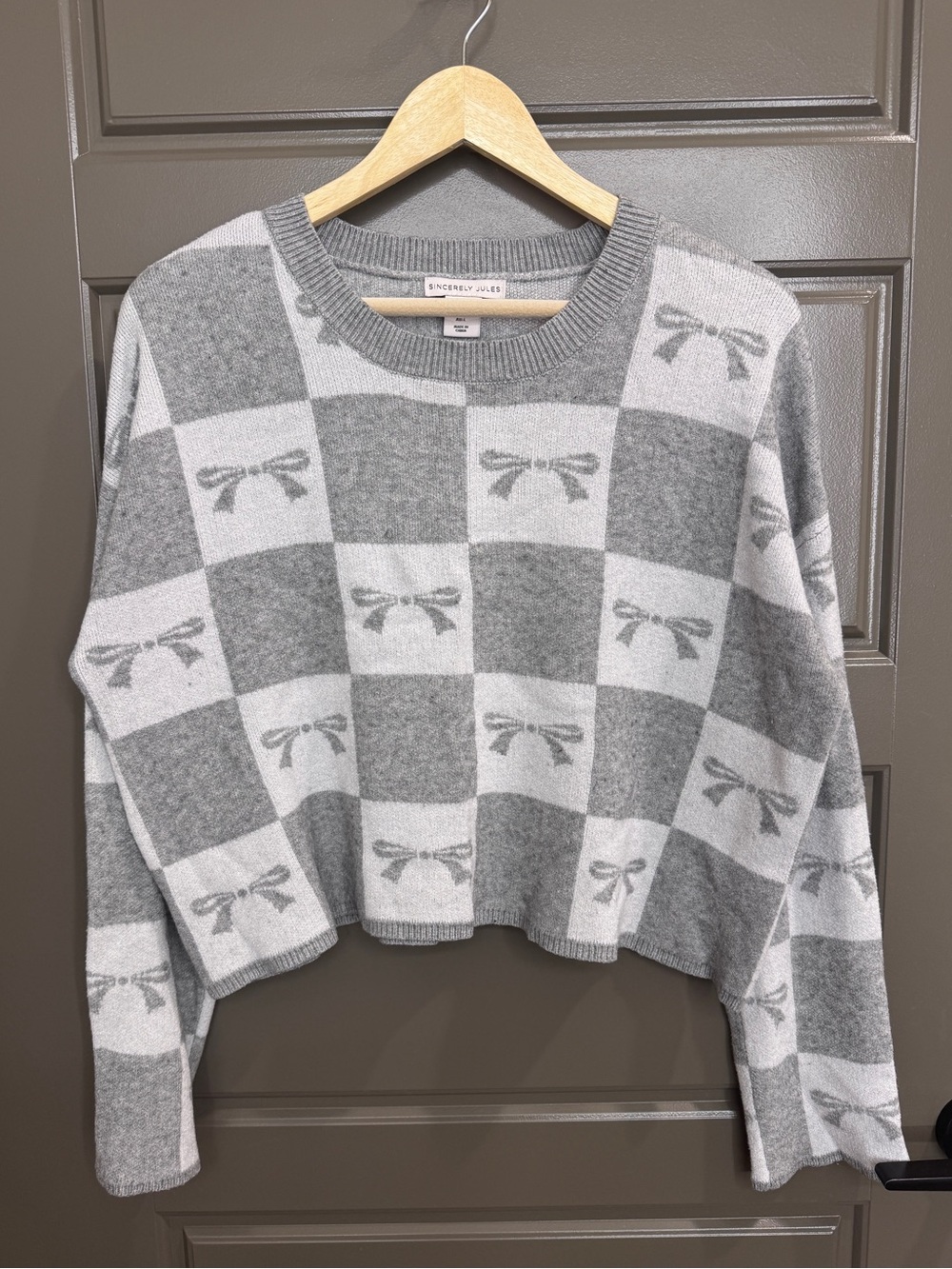 Sincerely Jules Gray Checkered Bow Sweater
